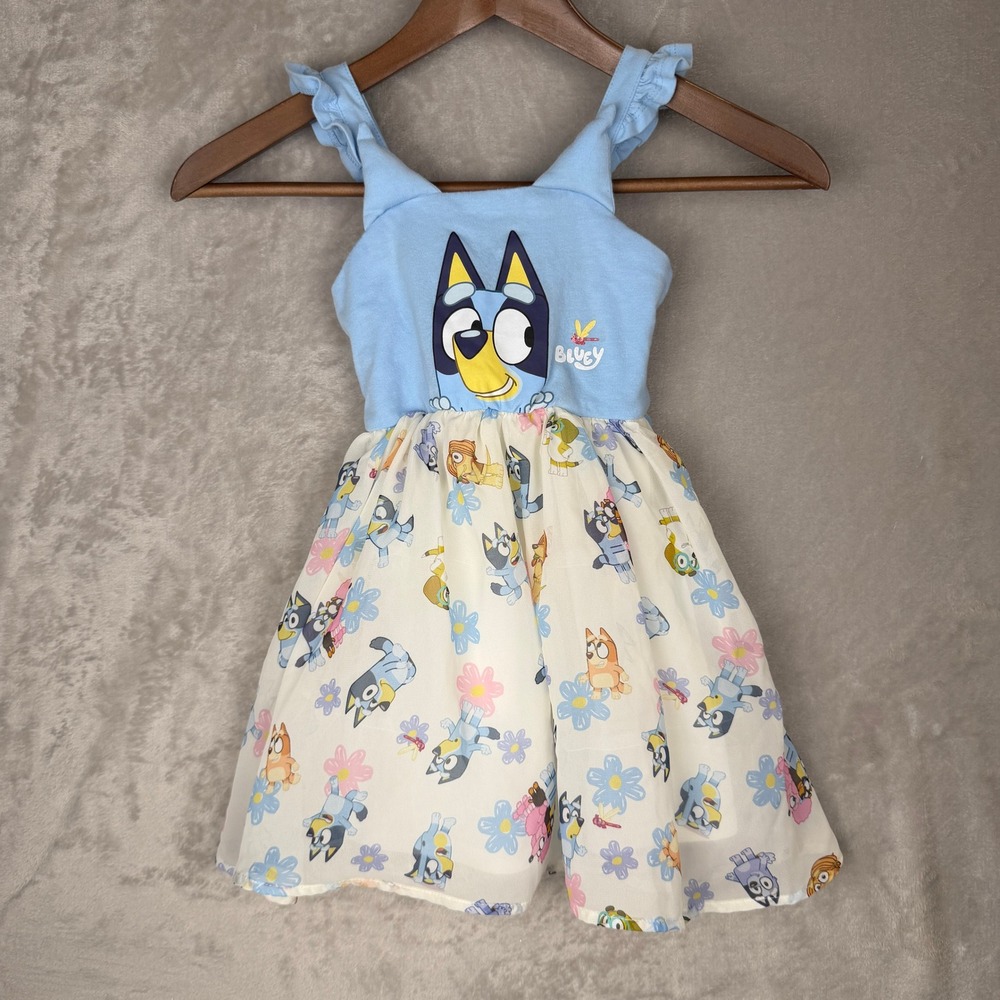 Bluey Toddler Girls Ruffle Strap Character Dress Blue White Floral 3T